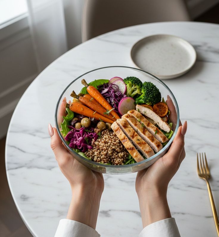 A balanced plate with fresh vegetables, whole grains, and plant-based proteins arranged thoughtfully