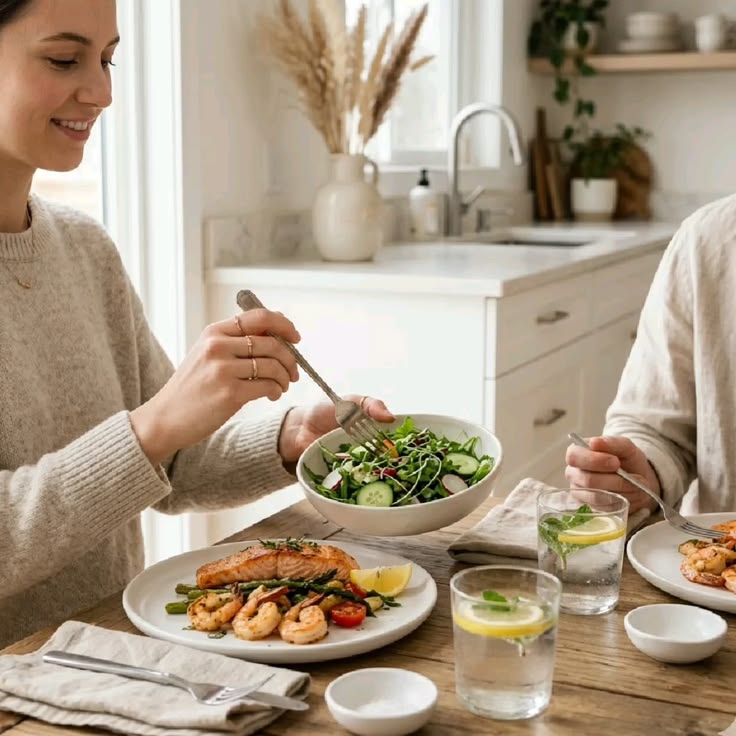 Consultant reviewing an individual meal planning worksheet with a client in a bright studio