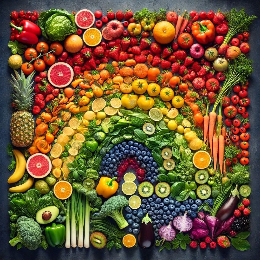 Colourful assortment of whole foods including leafy greens, legumes, grains, and seasonal fruit on a wooden surface